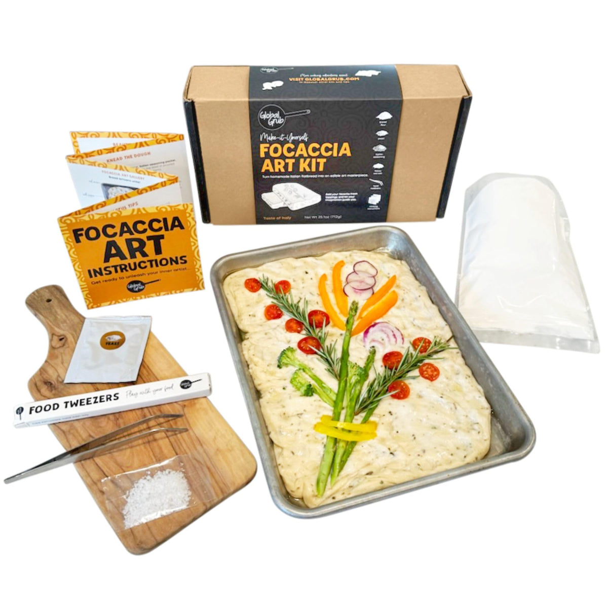 Global Grub Focaccia Bread Art Kit for Kids, Teens, Adults - Fun DIY Professional Bread Baking Kit Comes with Bread Flour, Food Tweezers for Decorating, Art Gallery and Step by Step Instructions