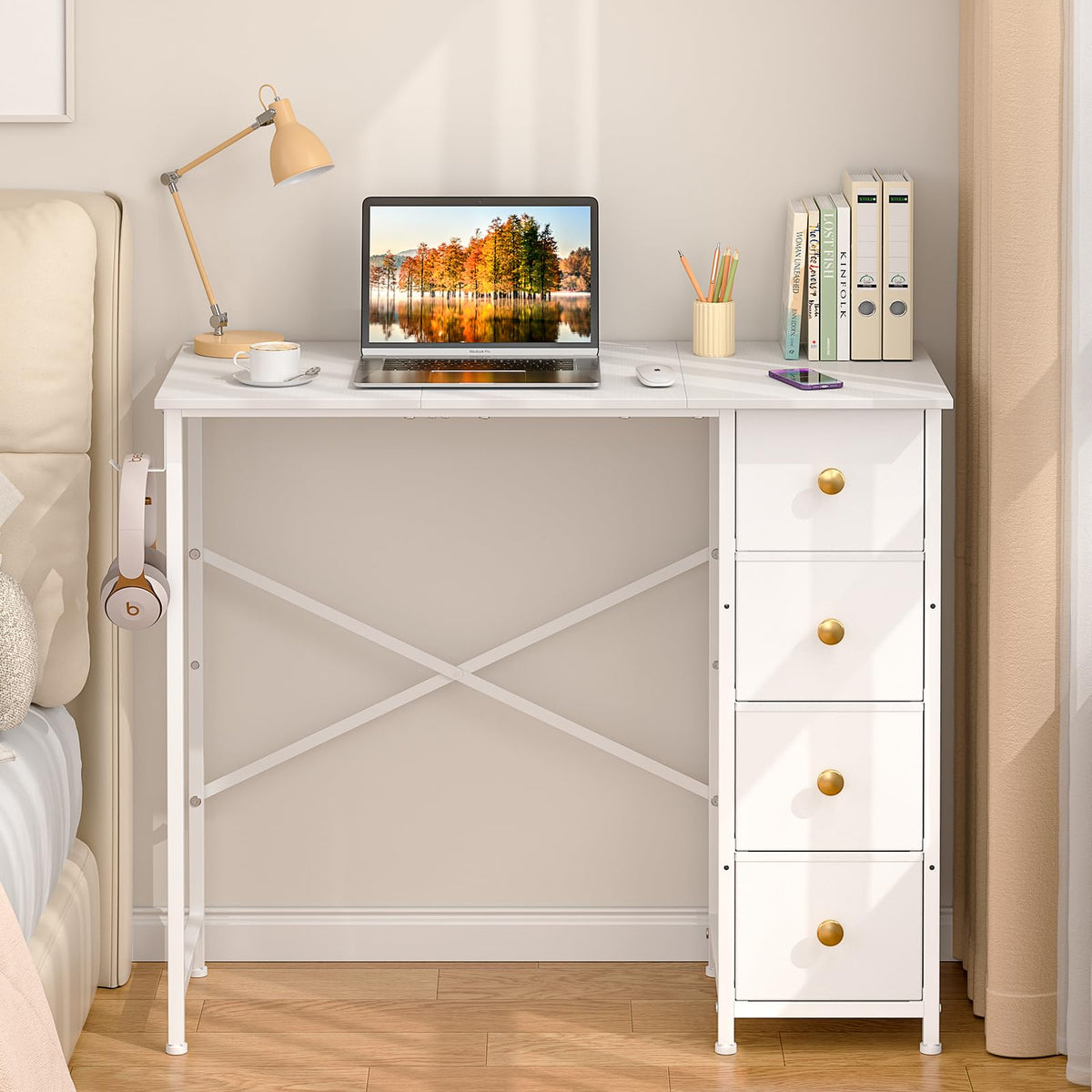Small White Desk with Drawers for Bedroom, 35.4 Inch Kids Girls Teens Student Writing Desk with Storage, Reversible Study Table, White Computer Desk for Home Office, Makeup Vanity Desk for Small Space