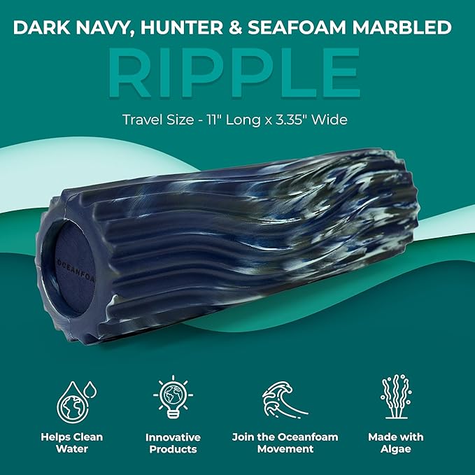 Oceanfoam Ripple Travel Foam Roller (11" x 3.35") Firm Mini Foam Roller for Physical Therapy, Deep Tissue Massage, Back Pain - High Density, Wave Textured - Yoga (Dark Navy, Hunter & Seafoam Marbled)