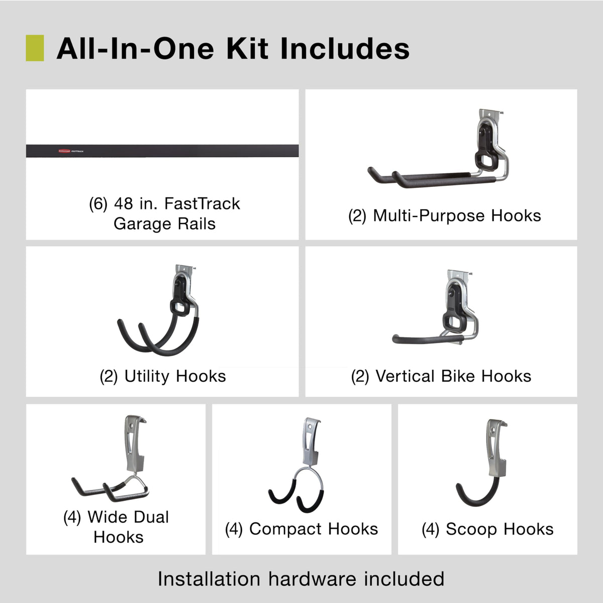 Rubbermaid 24-Piece FastTrack Garage Wall-Mounted Storage Kit, 6 Rails and 18 Hooks, Black, for Home/House/Tool/Sports/Equipment/Utility Purposes