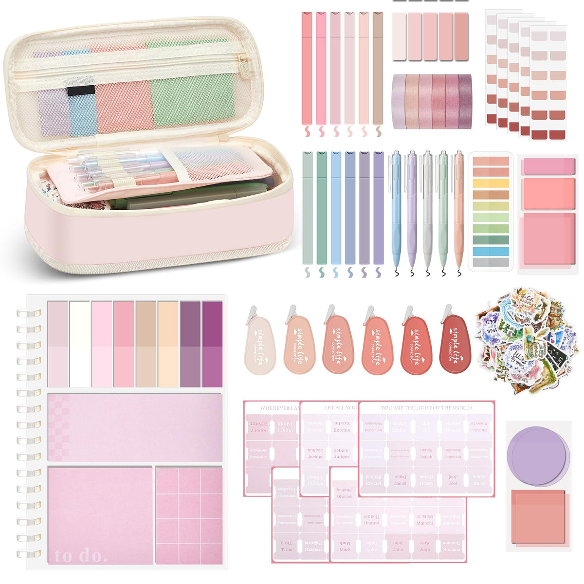 AmazingSpark 95 Pcs Aesthetic Study Kit with Cute Pen Case, Bible Study Journaling Kit, Highlighters, Sticky Notes, Pens, Washi Tapes, for College Students, School Supplies