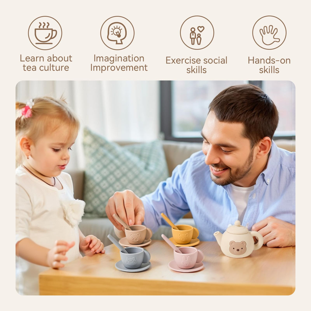 Tea Party Set for Little Girls 1-3 Kids Tea Set with Silicone Teapot Cups Coasters Carrying Scoop Wooden Tray, Kitchen Accessories Pretend Play for Girls Boys Age 3 4 5 (15 Pcs)