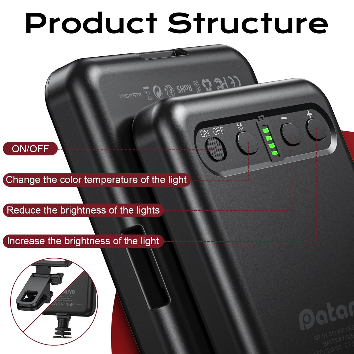 Datarm Rechargeable Soft Selfie Light for Phone, Camera, Laptop, 4-14H Battery Portable LED Light for Pictures, Phone Light Clip for Selfie, Vlog, TikTok, Makeup, Video Conference Black