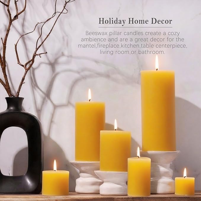 Natural Beeswax Candles Set of 6, Handmade Beeswax Pillar Candles Set, 6 Sizes, 100% Pure Unscented Bees Wax Candle, Honey Aroma Pillar Candles Bulk, for Calming, Relaxing, Air Purification