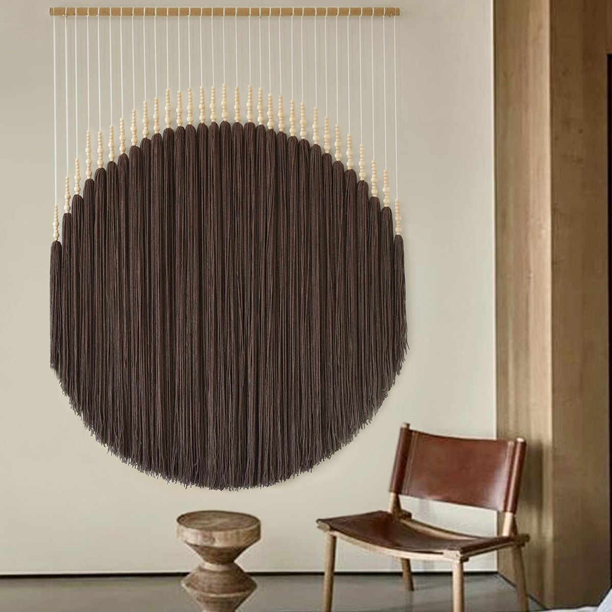 IOWER Macrame Wall Hanging Brown Yarn Beaded Backdrop Boho Wall Decor Round Tassel Home Wall Aesthetic Living Rooms Bedrooms Offices Geometric Art Chic Home Decor 39" W x 55" L