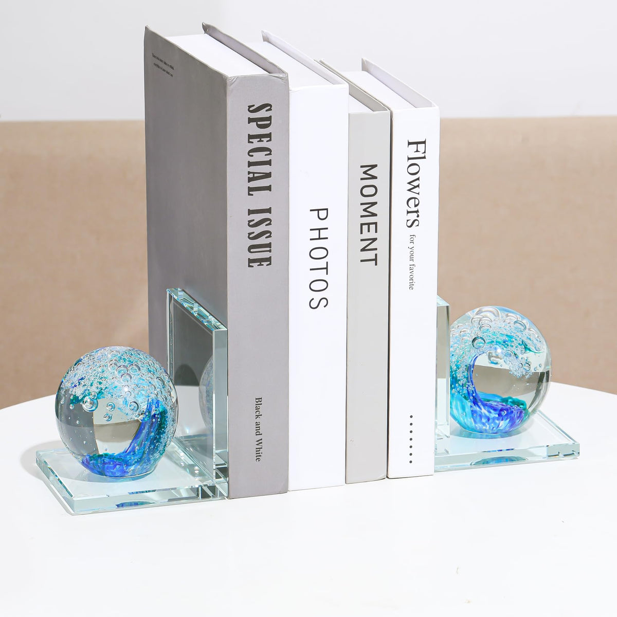 Arikyrist 1 Pair Crystal Bookends for Heavy Books with Hand Blown Ocean Waves Ball Glass Decorative Non Skid Bookends for Bookshelf Office Home (Dark Blue and Dark Green)
