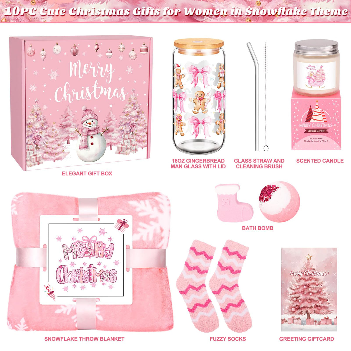 Christmas Gifts for Women Pink, Womens Christmas Gift Set 2025, Xmas Gifts Baskets, Snowman Presents for Women, Coworkers, Teacher, Sister, Mom, Wife, Friend, Secret Santa Gift