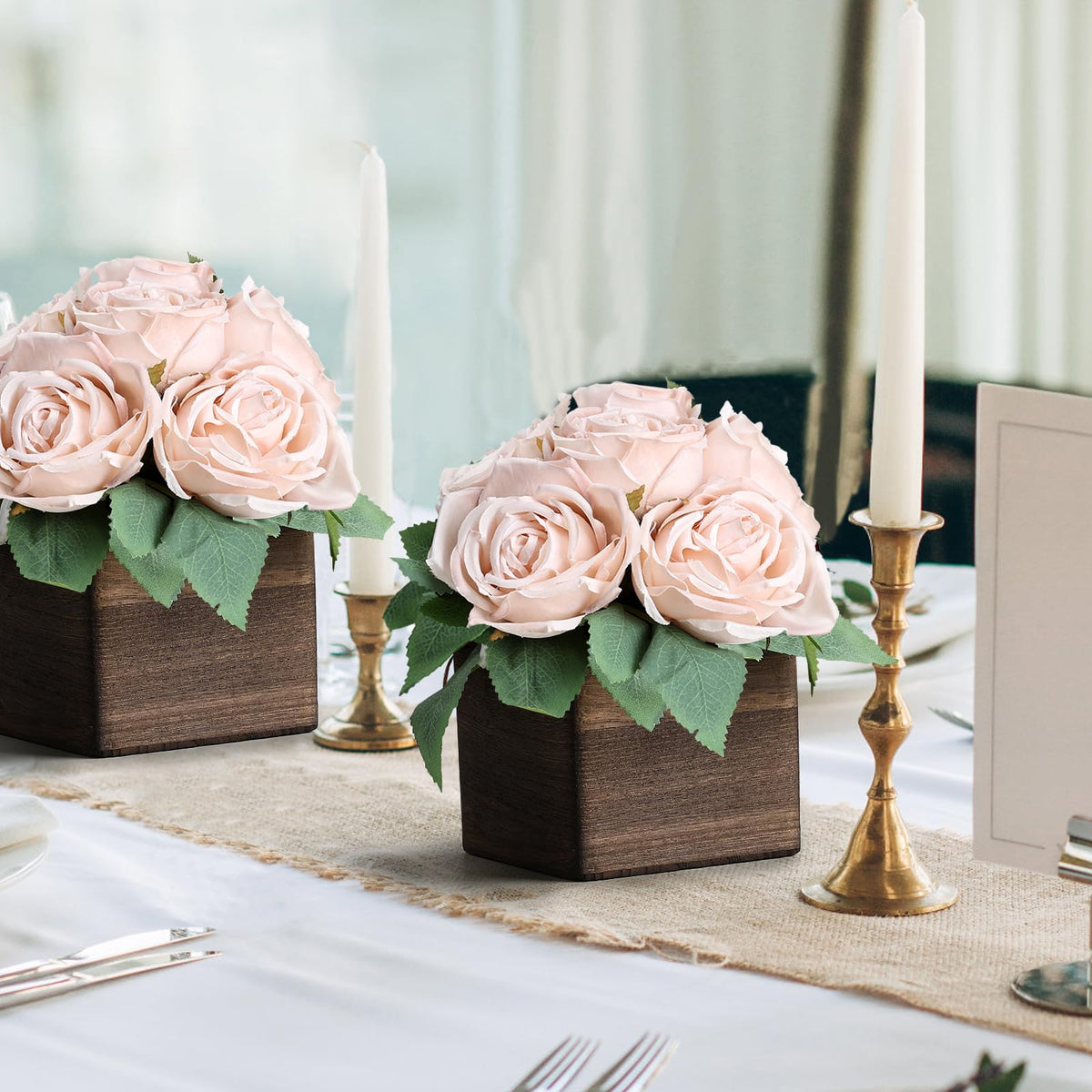 DIYDOFUN Dining Table Centerpiece Set of 6 - Pre-Made Aritifial Rose with Wooden Vase Fake Floral Arrangment Faux Flower for Wedding Bridal Tea Party Event Decorations - Boho