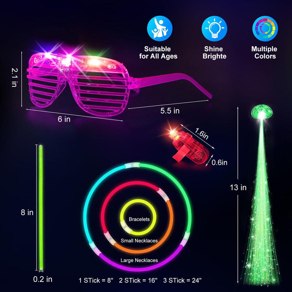 SHQDD 158 PCS Glow in the Dark Party Supplies, 14PCS LED Glasses, 30LED Finger Lights, 14LED Light Hairs and 100PCS Glow Sticks Bracelets, Neon Party Favors for Wedding, Concert, Birthday, New Year