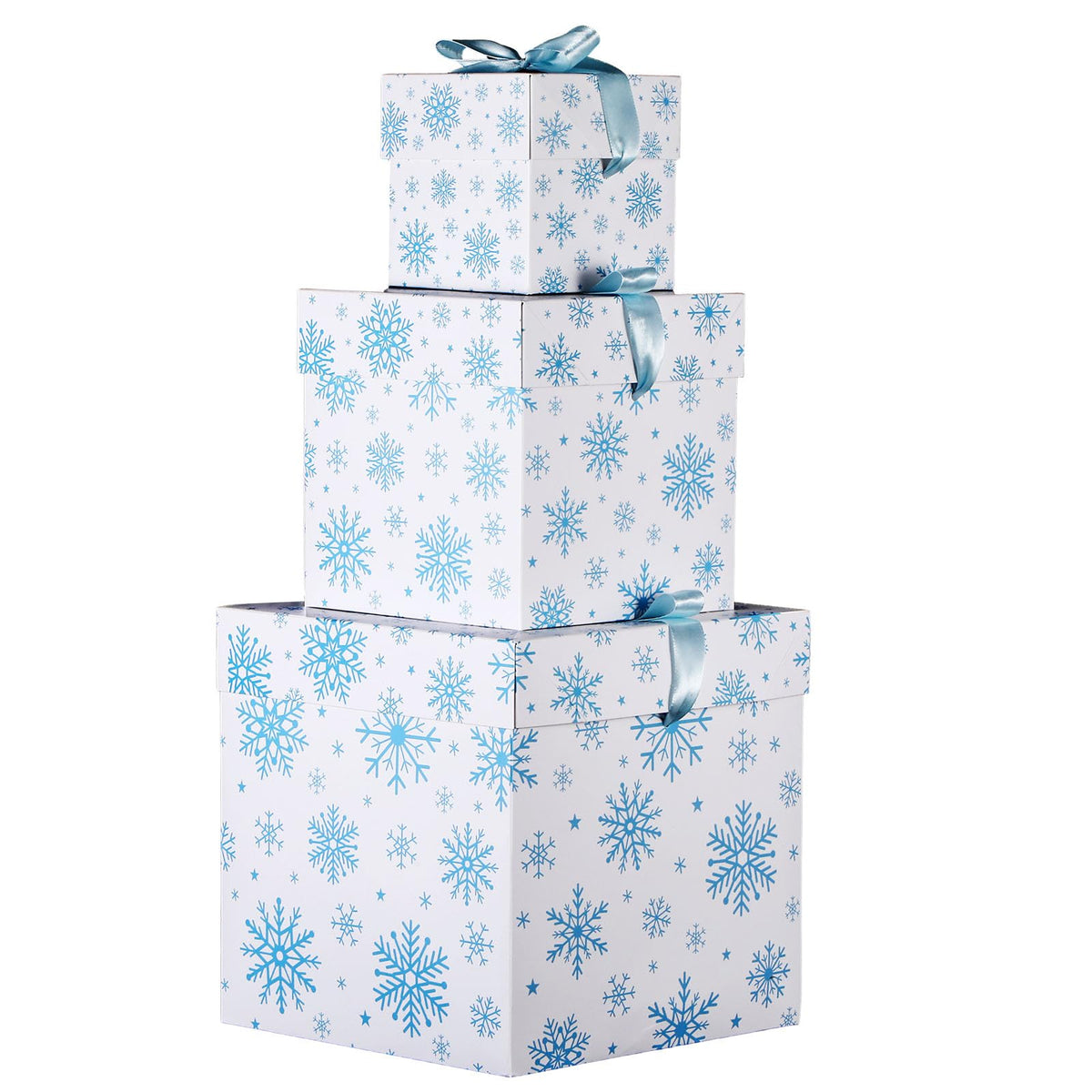 Zhanmai 3 Pcs Christmas Nesting Gift Boxes Snowflake Stackable Boxes Christmas Decorative Boxes with Lids for Present Wrapping Xmas Winter New Year Holiday Party Decor Supplies Favor(White and Blue)