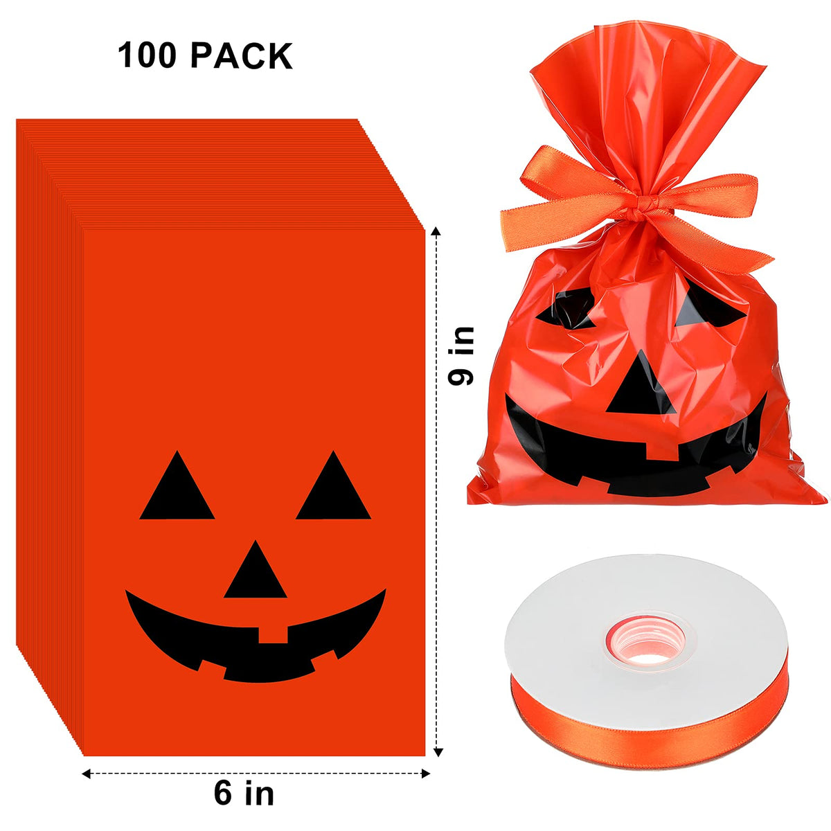 Tenare 100 Pcs Halloween Cellophane Pumpkin Treat Bags Jack O Lantern Orange Candy Bags Plastic Pumpkin Smile Goodies Gift Decor with Gold Twist Ties for Dessert Halloween Party Favors, 6 x 9 Inch