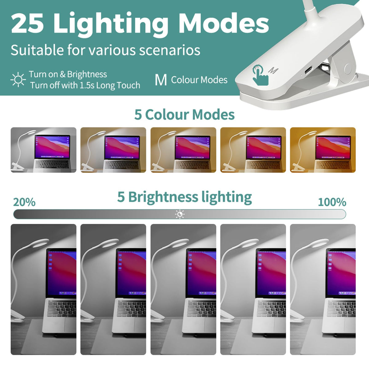CUHIOY Clip on Reading Light for Bed Headboard, Rechargeable Battery Clamp on Bunk Bed Light, 5 Colors 5 Brightness Flexible Neck Desk Lamp, Eye Protect LED Touch Control Book Lights at Night for Kids