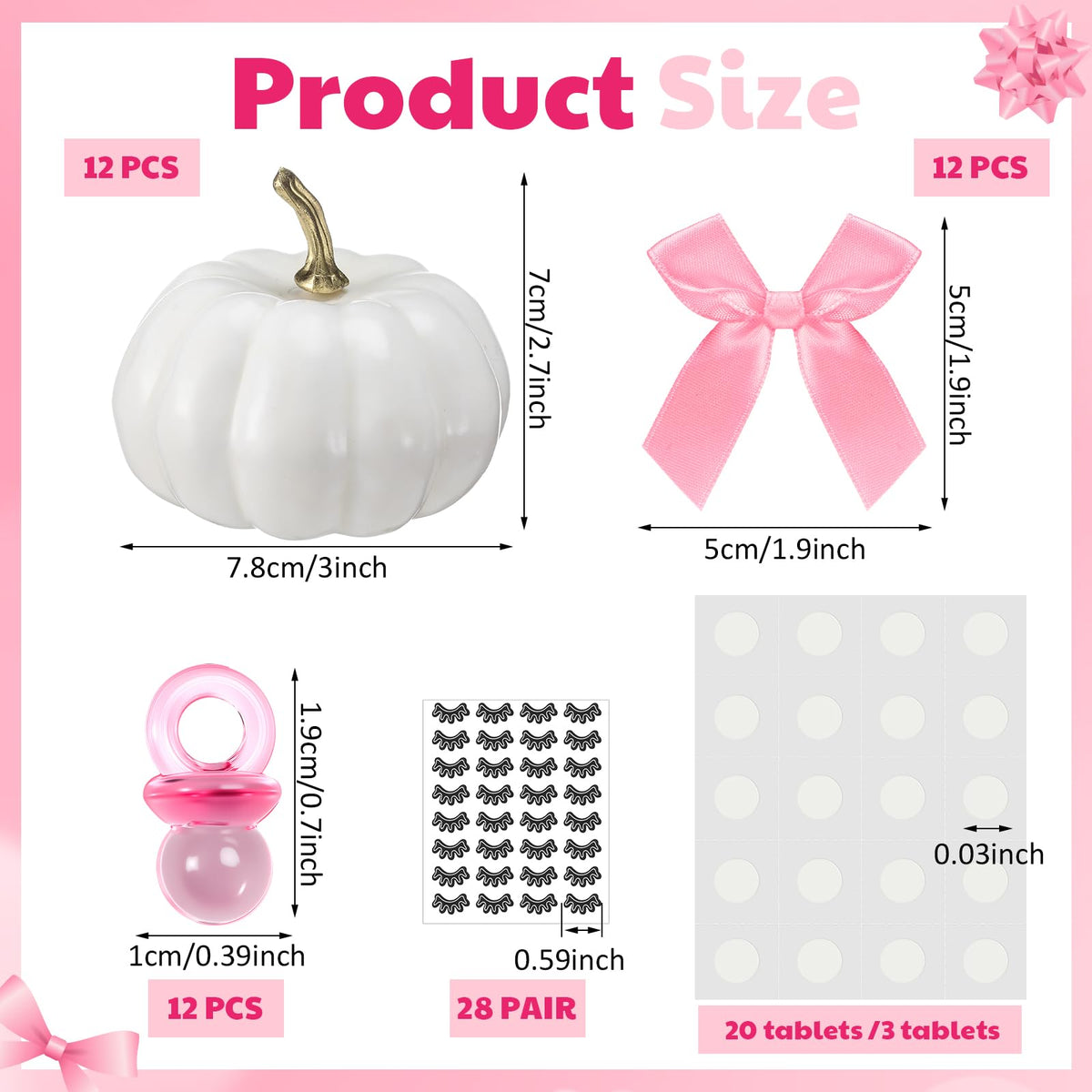 Nuanchu 12 Sets DIY Pumpkin Painting Kit for Party 12 Foam Craft Pumpkins, 12 Pink Bows 12 Pink Sucking Ring 28 Pairs of Eyelash Sticker for Birthday Table Decor Adult