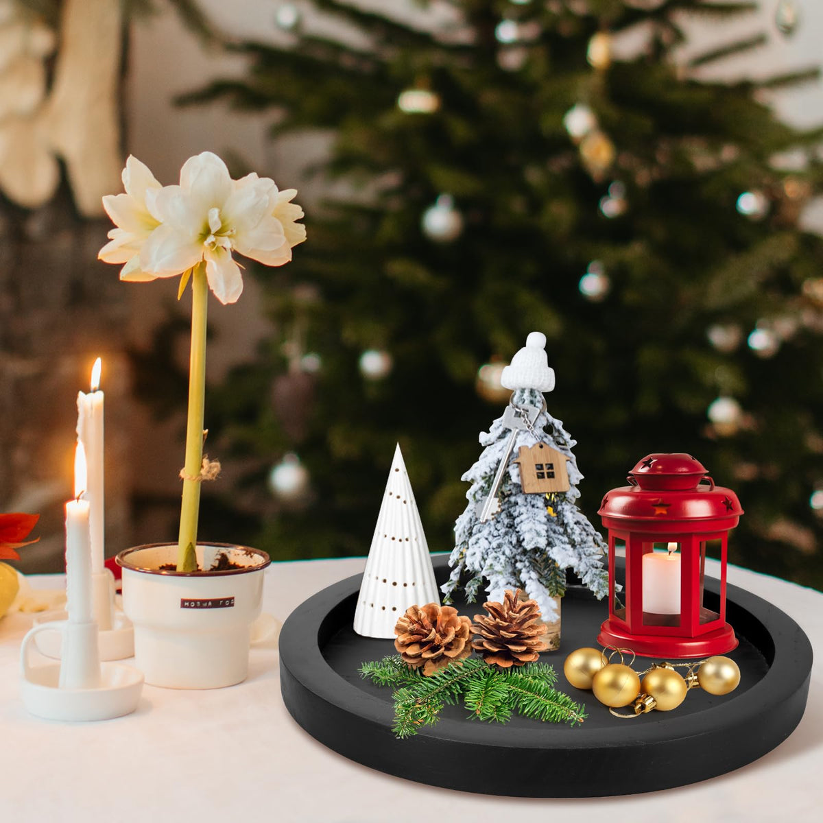 Round Decorative Tray for Coffee Dining Table Countertop Small Wooden Serving Trays Farmhouse Kitchen Home Living Room Decor and Bathroom Accessories Tray Black Rustic Wood Candle Centerpiece Trays