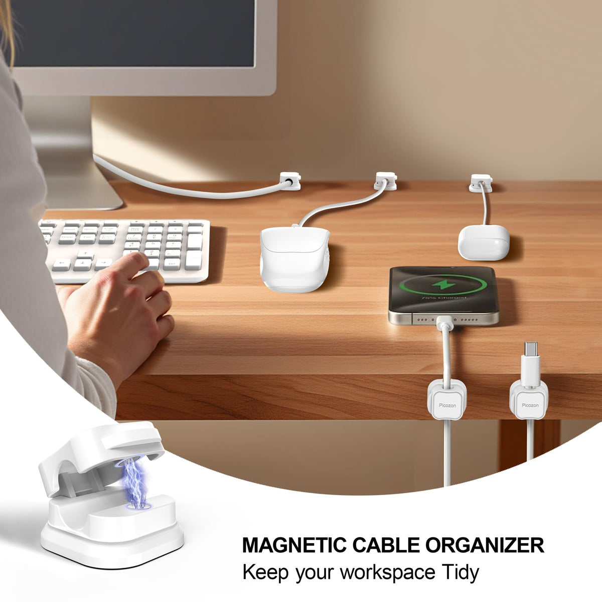 48 Pack Magnetic Cable Clip Organizer Cord Holder, Picozon Adhesive Cable Management, Wire Phone USB Charger Cable Holder, Keeper Organizer for Office Home Desktop Table - White