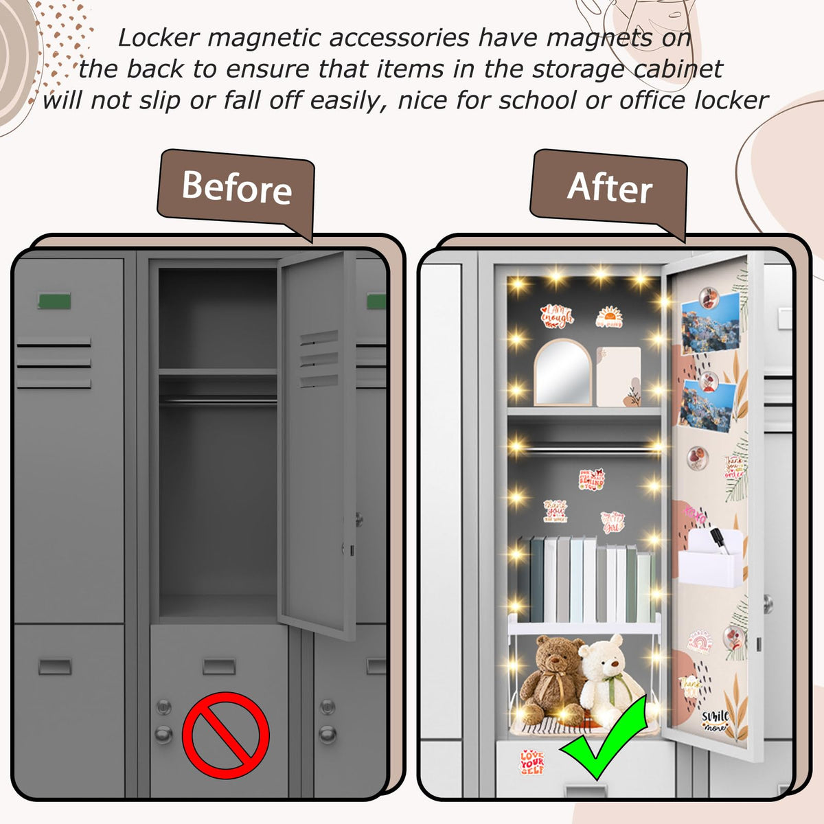 CroBlissful School Locker Accessories for Girls First Day of School Essentials Locker Decoration with Magnetic Wallpaper Mirror Pen Holder Shelf Faux Fur Rug Whiteboard Marker Magnets(Boho)