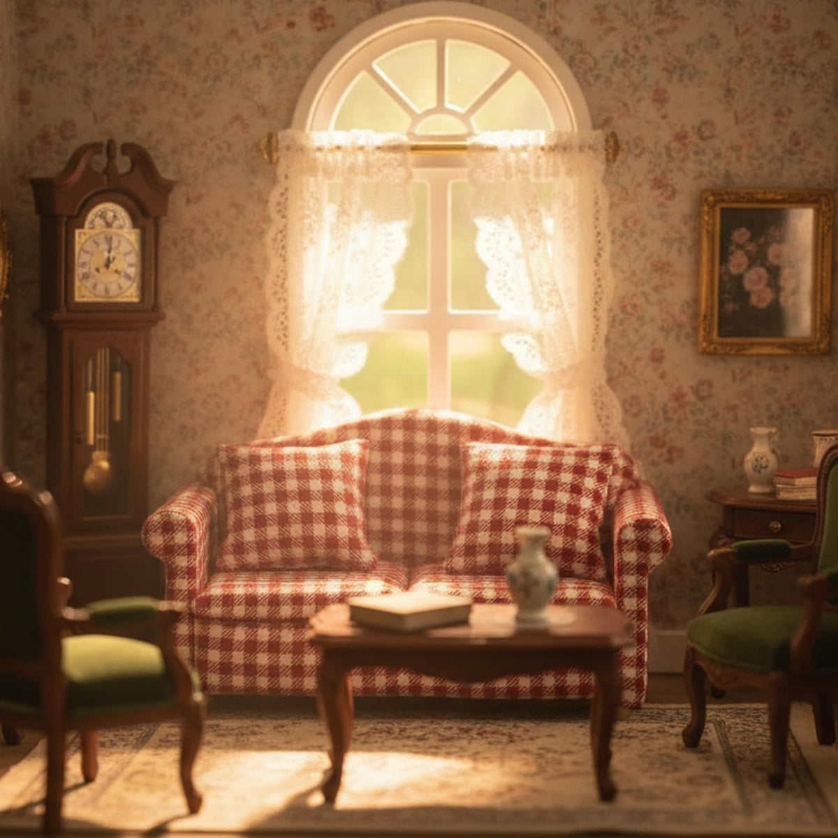 Dollhouse Couch Miniature Sofa with Pillows Dollhouse Living Room Funiture 1:12 Scale Model 3 Pcs High Simulation Upholstered Wooden Fabric Armchair Mini Room Artificial House Scene Decoration (Plaid)