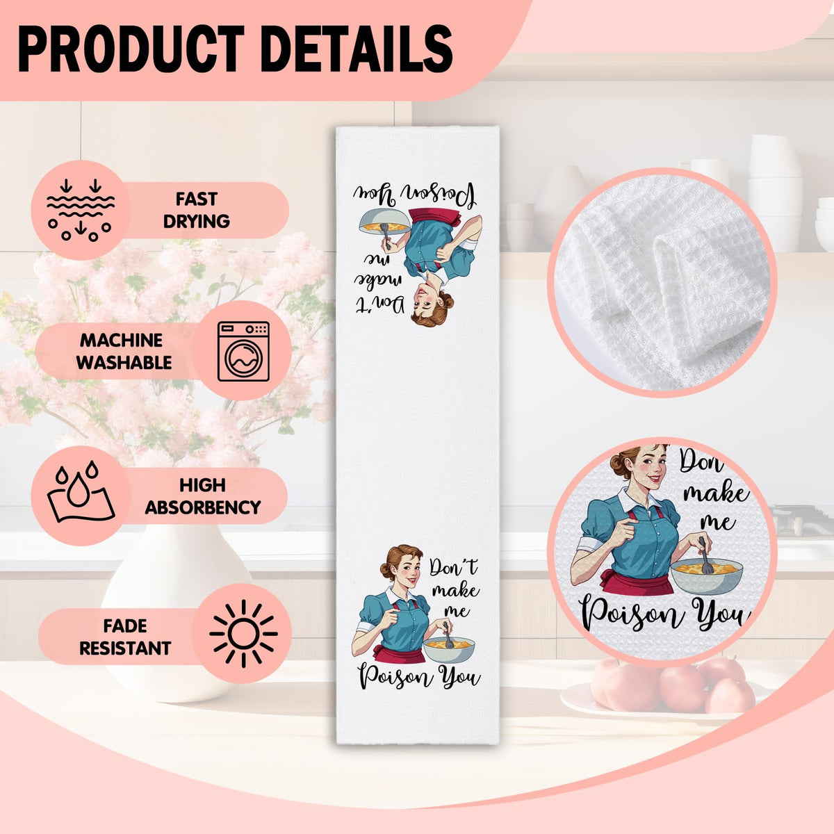 NAHMAKNE Funny Kitchen Towels for Women, Don't Make Me Poison You, Retro Housewife Dish Towels for Kitchen Decor, Sarcastic Cooking Gifts, Sweet Housewarming Gifts for Hostess Mom Wife Sister Friend