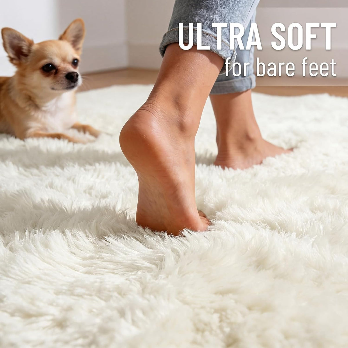 OLANLY 6x6 Area Rug - Soft, Fluffy Shaggy Carpet for Living Room & Bedroom | Machine Washable, Ivory