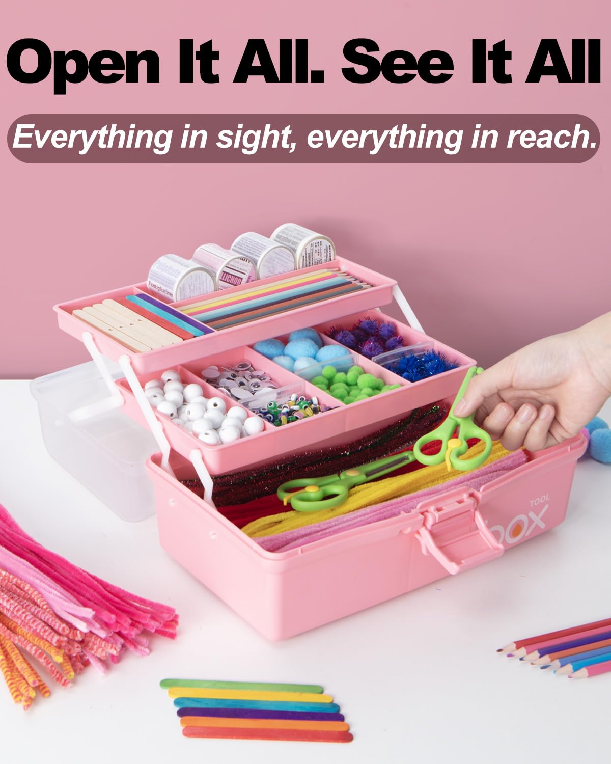 TERGOO 12in 3-Layer Plastic Craft Organizers and Storage, Portable Folding Tackle Box with Handle & Adjustable Dividers, Multipurpose Case for Sewing, Art Supplies, Medicine, Tools (Pink)