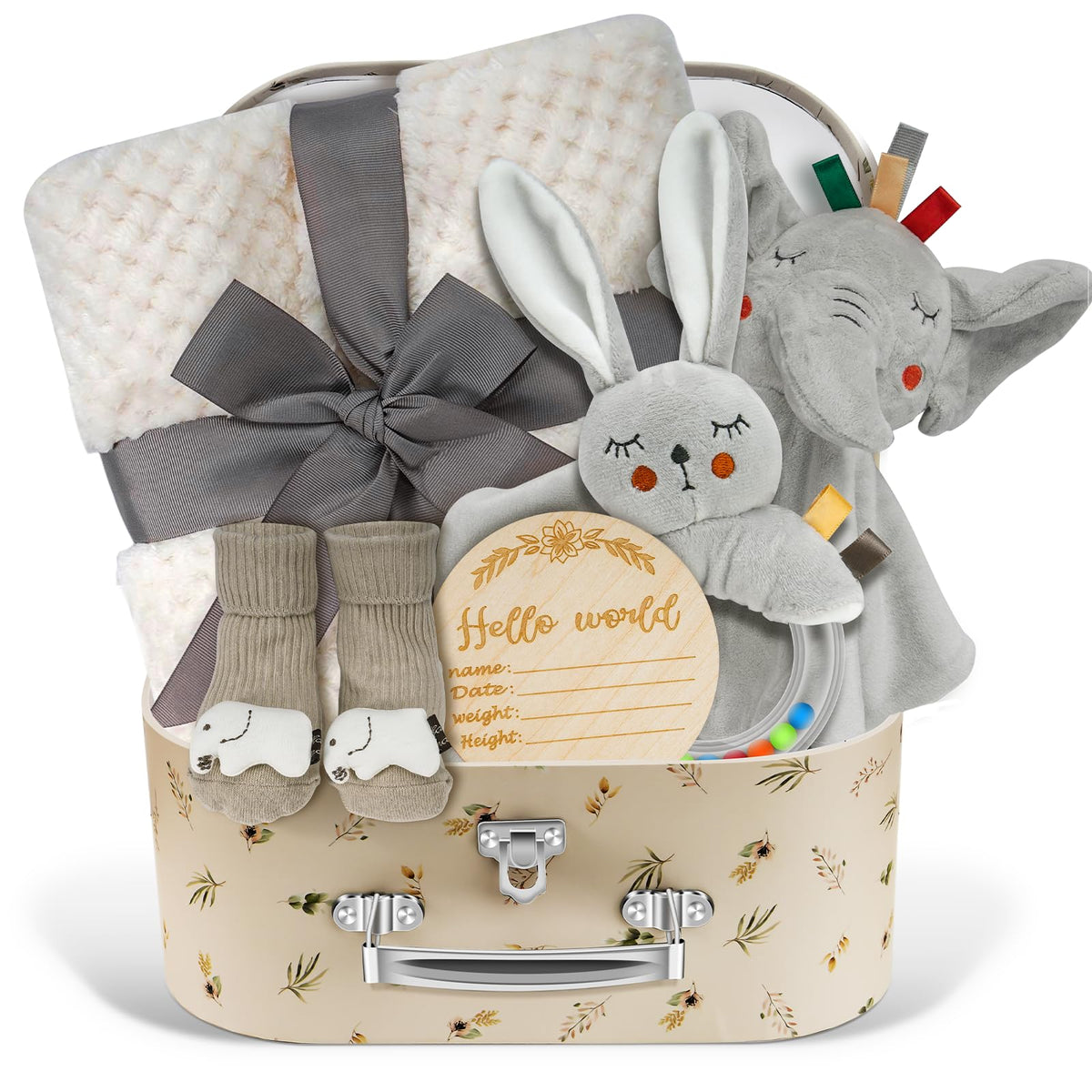 Baby Boy Gift Basket Set, Unique Baby Gift Basket Set, New Baby Boy Gift Basket, New Baby Gift Basket Set with Baby Blanket, Baby Rattle, Bunny, Keepsake Milestone, Elephant Toy, Baby Socks