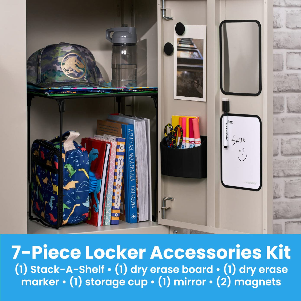 LockerMate 7-Piece Locker Organizer Kit, Includes Locker Shelf, Mirror, Whiteboard, Storage Cup & Dry Erase Marker - Black