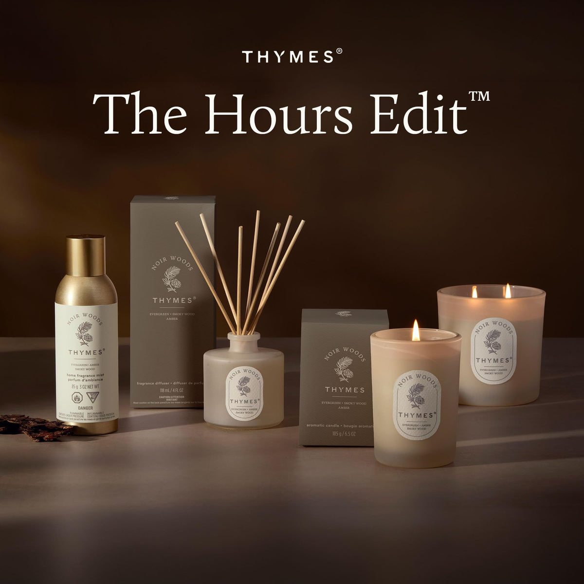 Thymes Noir Woods Scented Candles for Home Decor – Notes of Fresh Evergreen, Smoky Wood & Golden Amber – Luxury Home Fragrance Gifts for Women & Men – (2 Wick Medium Candle, 13oz)