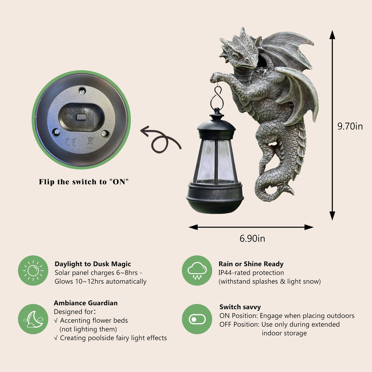 Zqobyr Solar Dragon Statue Outdoor Garden Decor - Medieval Fantasy Yard Art, Whimsical Lawn Ornaments, Unique Decorations Outdoor & Gifts, Weather-Resistant Animal Figurine Gift with Handmade Look