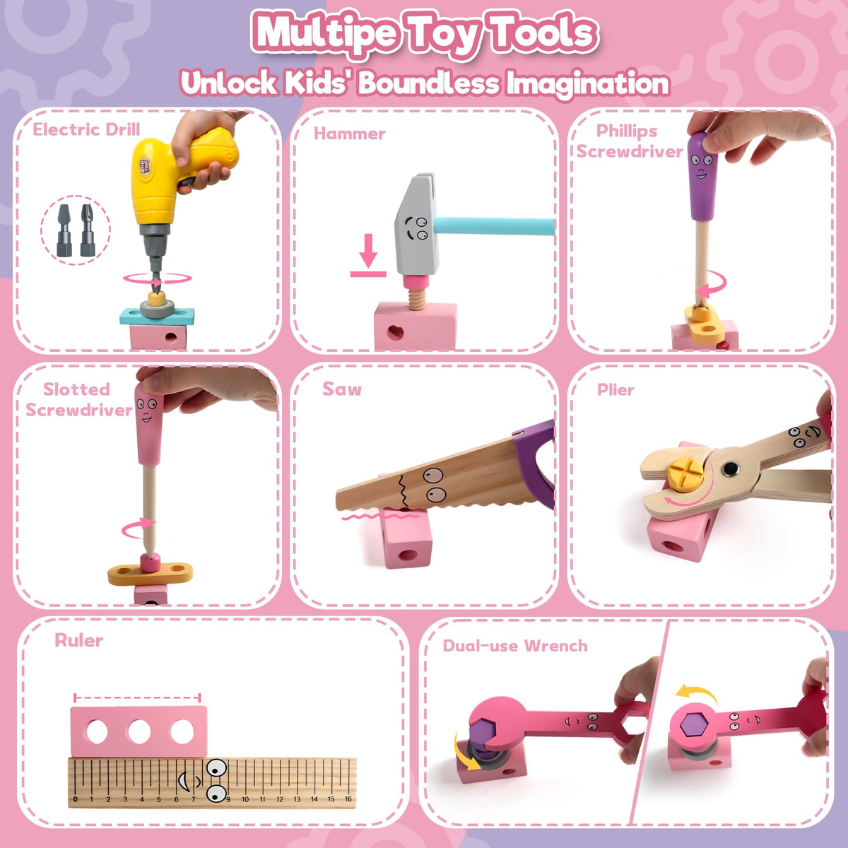 TONZE Pink Wooden Kids Tool Set with Drill 44Pcs Educational Montessori Toys for 3 Year Old Girl, STEM Toys Toddler Tool Set with Apron & Box Birthday Gifts for 3 4 5 6 Year Old Girls