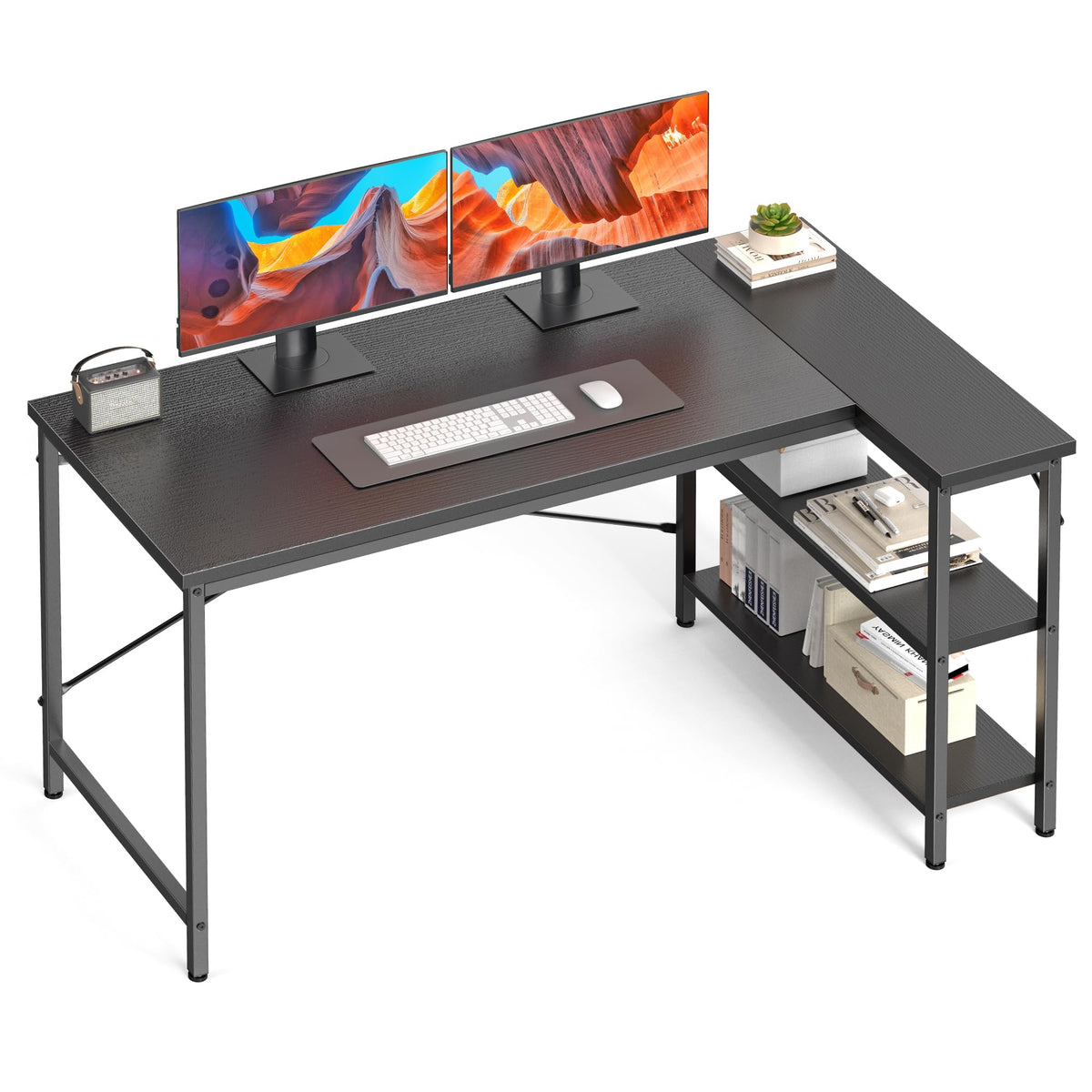 DUMOS L Shaped Desk 47 Inch Computer Desk Gaming Furniture Corner Desks Home Office PC Table with Reversible Storage Shelves for Writing Working Study Bedroom Dorm, Modern Black