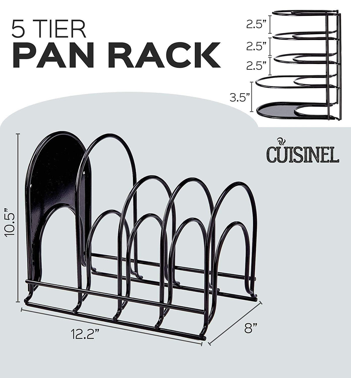 Cuisinel Heavy Duty Pots and Pans Organizer Rack - 12.2"-Inch Tall - 5 Tier Rack - Holds 50 LB - Cast Iron Skillets, Griddles, Shallow Cookware - Space Saving Kitchen Storage - No Assembly Required