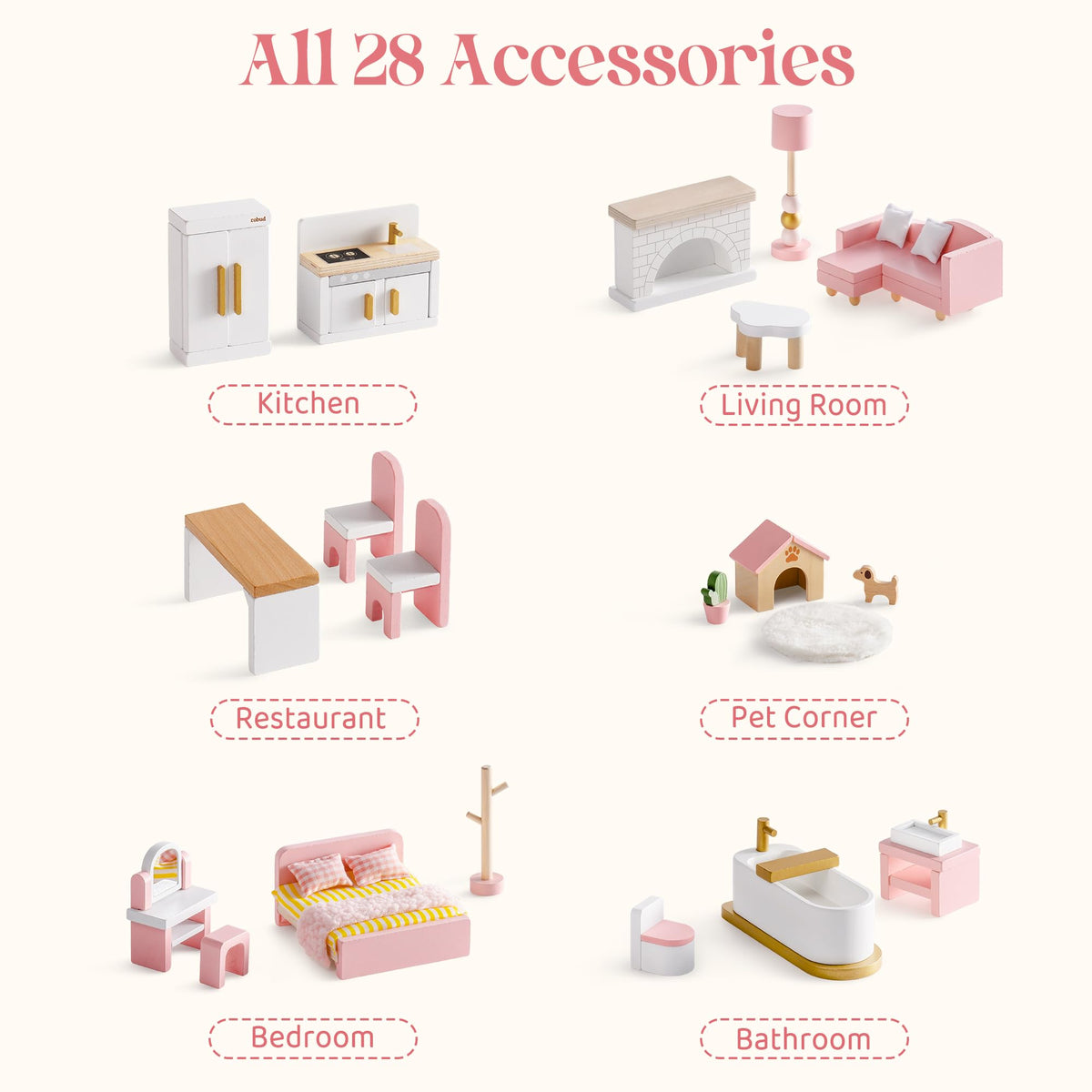 ROBUD Wooden Dollhouse Furniture Set, 28 Pcs Doll House Accessories, Miniature Furniture Including 6 Room Kits, Pretend Play Toys, Gift for Boys and Girls,3+