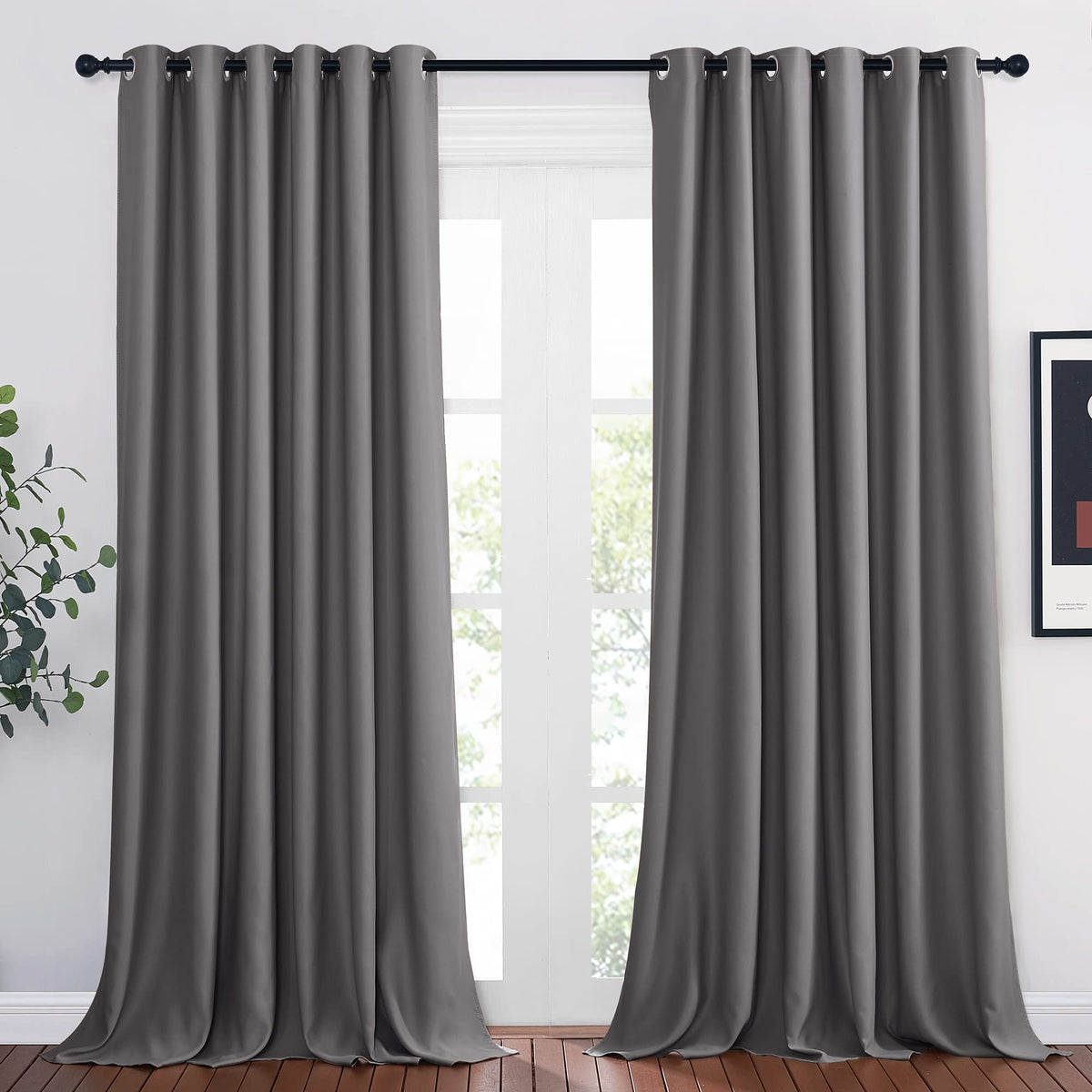 NICETOWN Bedroom Blackout Curtains Panels - Triple Weave Energy Saving Thermal Insulated Solid Grommet Blackout Draperies for Patio (80 inches by 108 Inch, Grey, Set of 2)