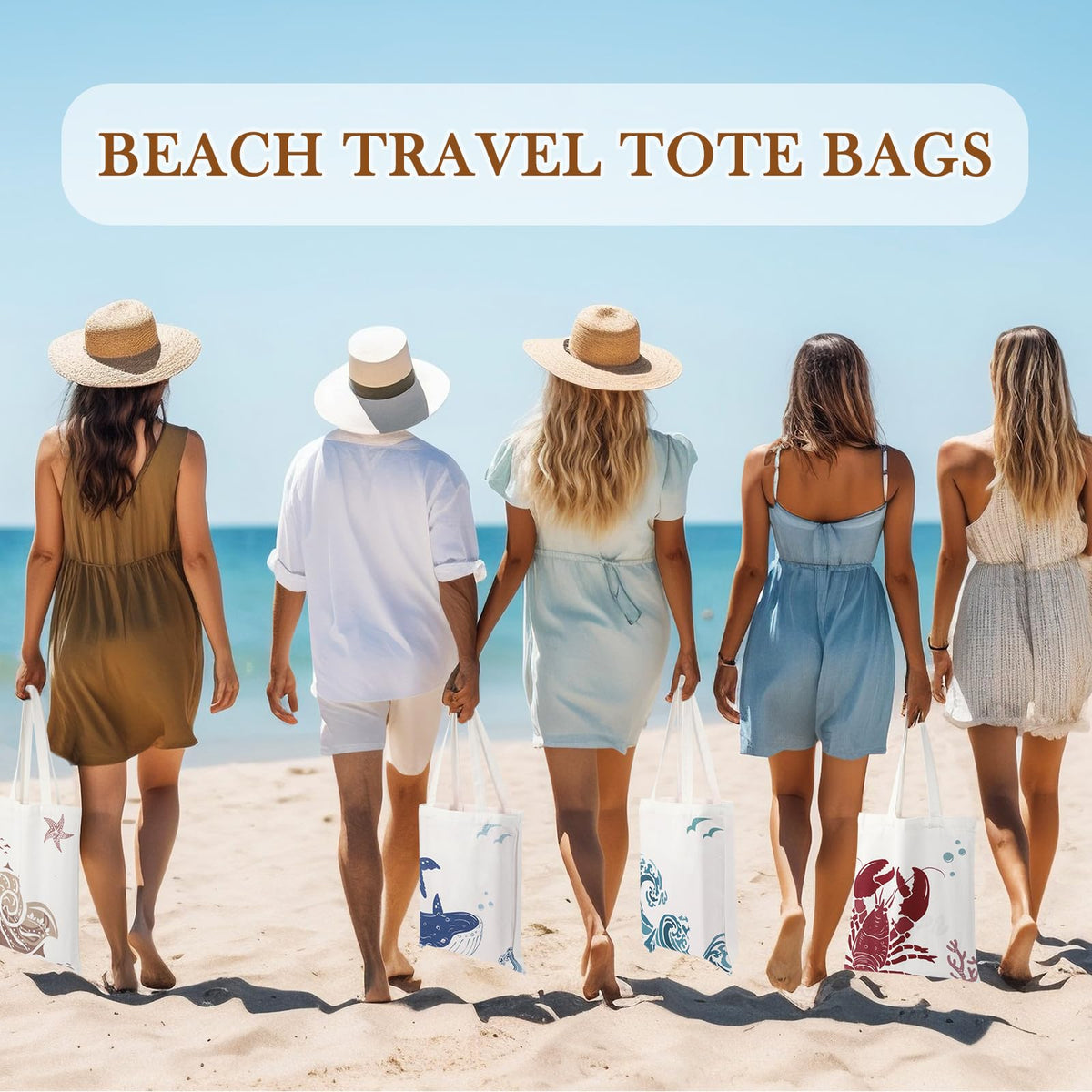 SATINIOR 10 Pcs Beach Theme Canvas Totes Bags Gifts Shopping Bags Reusable Grocery Handbags for Women Travel Cruise Wedding(Vertical Style)