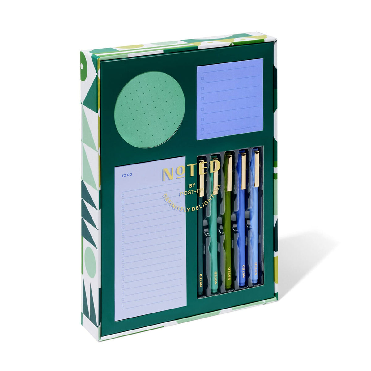 Post-it Noted by Post-it Printed Notes Gift Box, 4 Piece Set, Cool Colors, Includes Round Sticky Notes, Square Sticky Notes, Mini List Sticky Notes, 3-Pack Pens (NTD-Box-SGR)