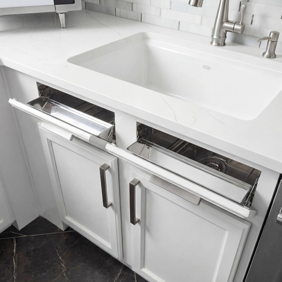 Yiyiring 2 Set 16 Inch Stainless Steel Sink Drawer Tip Out Tray Kit Include Tip-Out Sink Trays and Hinges Large Pull Out Storage Organizer for Kitchen Bathroom Base Cabinets