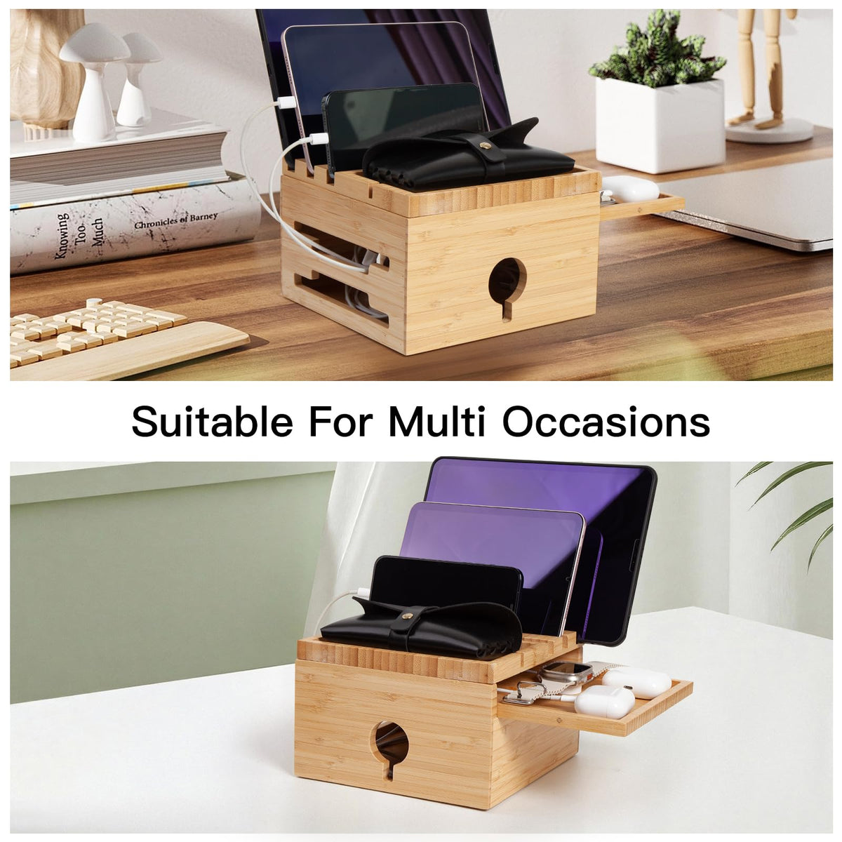 PERFECYEE Bamboo Charging Station for Multiple Devices, Desktop Charger Organizer with Small Tray, Compatible with Cell Phone, Tablet, Earphones (with 5-Cable, No USB Charger)