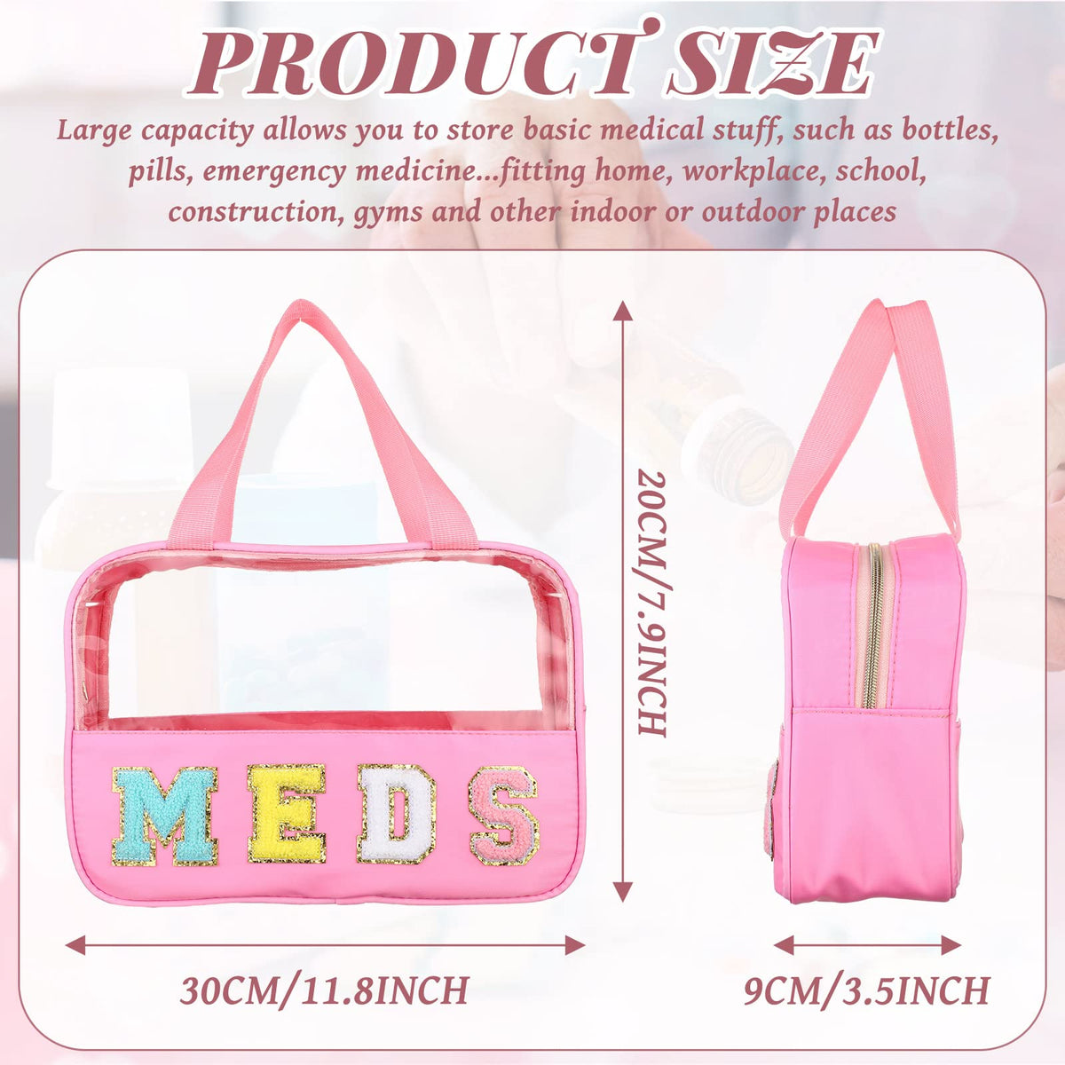 Silkfly Chenille Letter Medicine Meds Medical Bag Makeup First Aid Bag for Travel Preppy PVC Nylon Emergency Patch Cosmetic Toiletry Storage Pouch Waterproof with Handle Zipper for Women(Classic)
