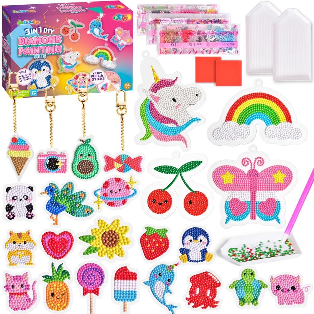 FUN LITTLE TOYS 24Pcs Diamond Art Kits, Diamond Painting Kits, Arts and Crafts for Kids Ages 6-12, Gem Art As Gifts Ideas for Girls and Boys, Small Diamond Painting Stickers, Kids Craft Age 6+