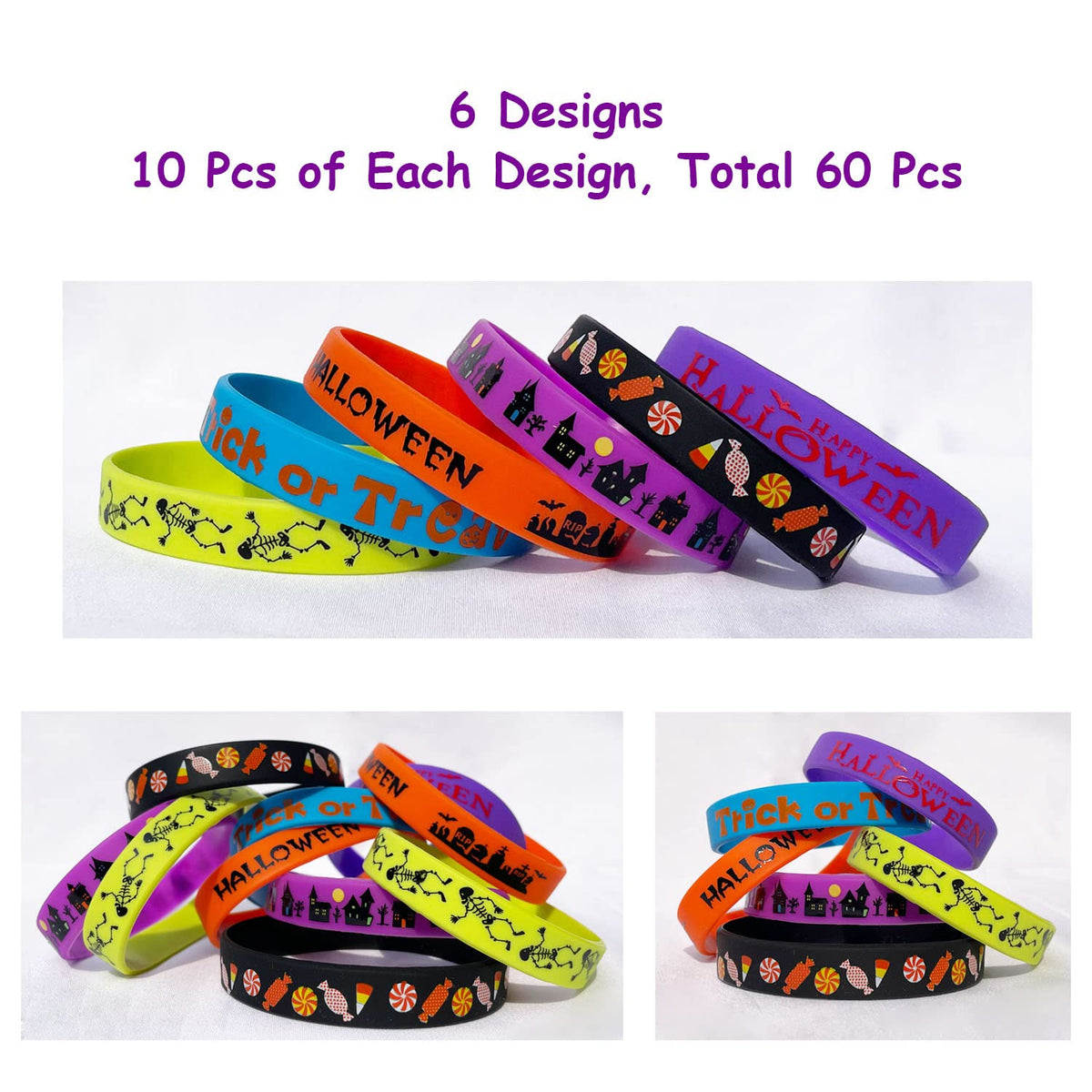JAKADYUKS 60pcs Halloween Silicone Bracelets Party Rubber Wristbands Trick or Treat School Supplies Return Gifts Bulk Toys for Teacher Prizes Party Accessories