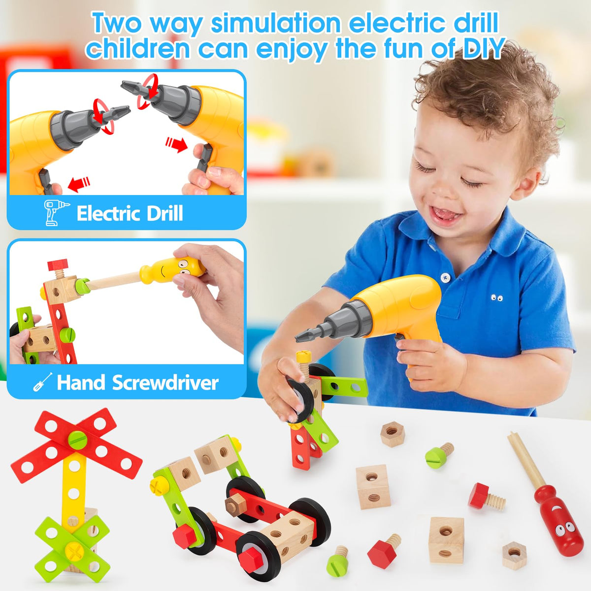 Kids Tool Set Toy with Drill, Stem Montessori Toys for 3 4 5 Years Old Boy Girl, 44 Pcs Wooden Toddler Tool Kits Inc Box, Learning Educational Construction Toy