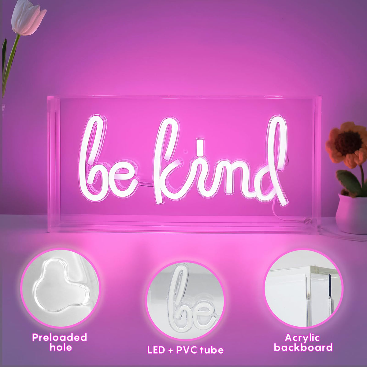 Be Kind Neon Sign, USB Powered LED Neon Light Box with ON/OFF Switch, 3D Acrylic Tabletop and Wall Decor for Girls Room, Bedroom, Classroom, Dorm, Home Office, Shelf, Christmas Birthday Gift (Pink）