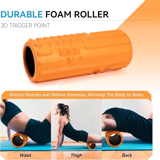 5 in 1 Foam Roller Set, High Density Fitness Exercise Foam Roller for Deep Tissue Muscle Massage, Massage Roller, Massage Ball, Resistance Band, for Whole Body(Orange)