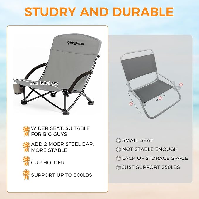 KingCamp Low Beach Chairs, Portable Folding Chair for Adults Extra Wide Ergonomic High Back Seat 300lbs Heavy Duty Lightweight Oversized Gear with Carry Bag for Outdoor Lawn Camping Picnic