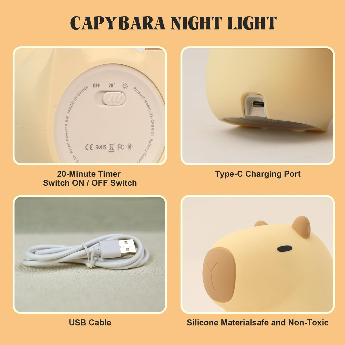 YuanDian Capybara Night Light - Adorable Silicone Lamp for Kids, Babies, Adults | Cute Capybara Gift, Nursery Bedroom Decor