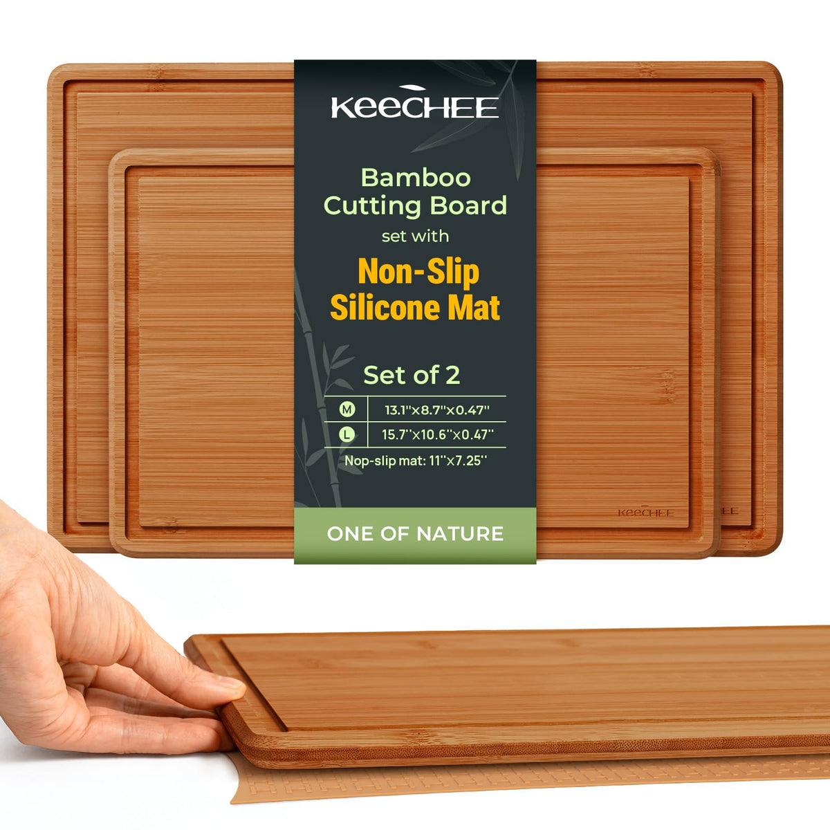 Keechee 2Pcs Cutting Board Set with Non-slip Mat, Bamboo Cutting Boards for Kitchen Meal Prep & Serving - Wood Serving Board Sets with Deep Juice Groove Ideal Kitchen Gifts