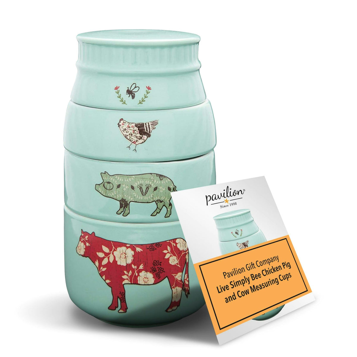 Pavilion Gift Company - 'Live Simply Bee, Chicken, Pig, and Cow' - 4-Piece Stoneware Measuring Cups Set, Sturdy Farmhouse-Style Kitchenware for Home Baking, Cooking, Gifting - Teal, 8 Ounces