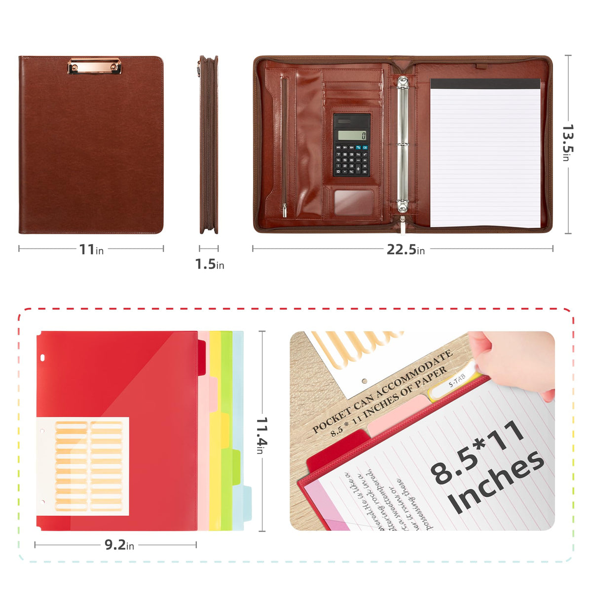 Ospelelf 3 Ring Binder Portfolio Folder with Zipper- Leather Padfolio with Clipboard Storage- Calculator, 12.1” Tablet Sleeve, 5 Dividers with Pocket, Refillable Notepad, Card Slot (Red Brown)