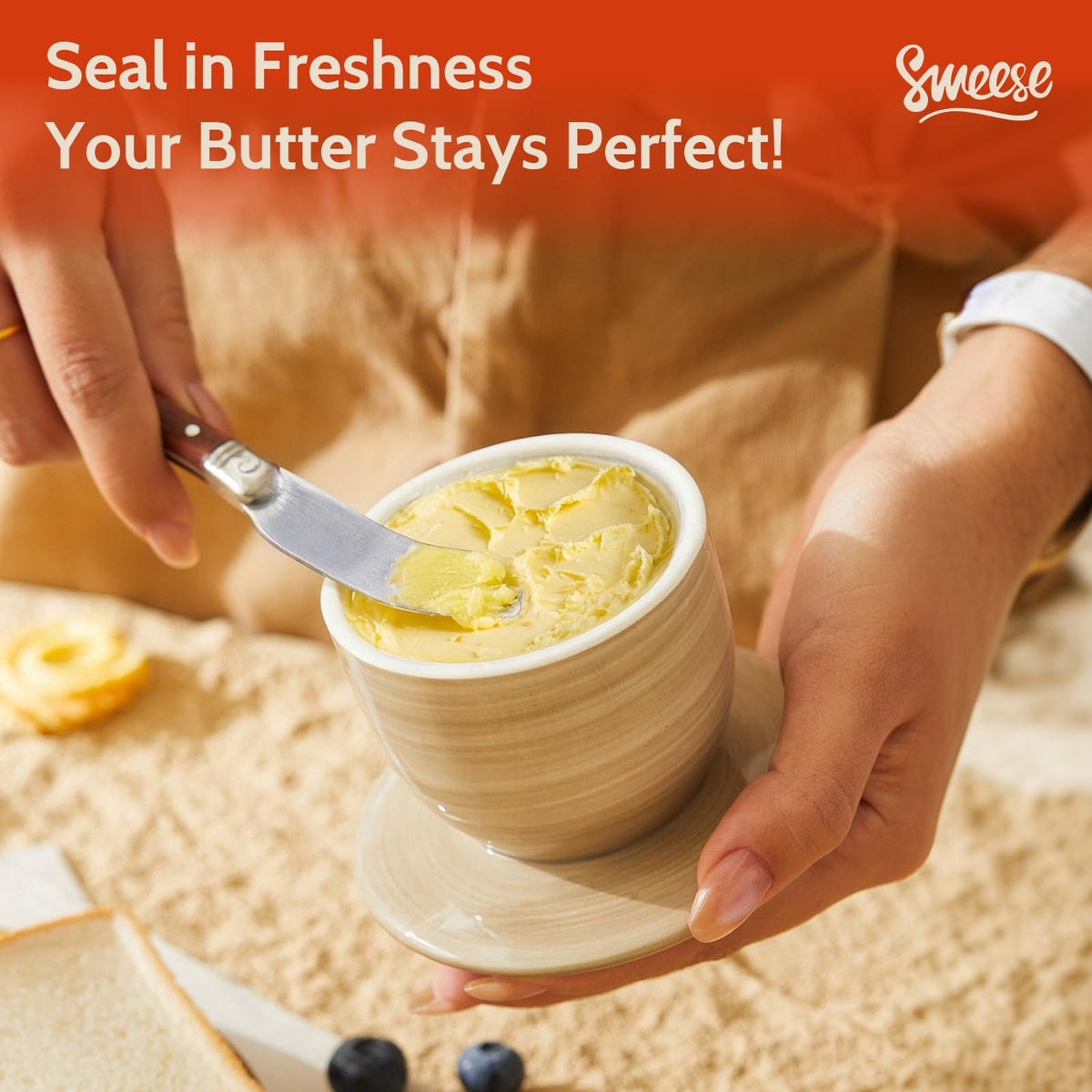 Sweese Hand-Painted Butter Crock with Water – French Butter Keeper Crock with Lid for Countertop, Artistic Design, Dishwasher & Microwave Safe, Gift-Ready-Light Grey