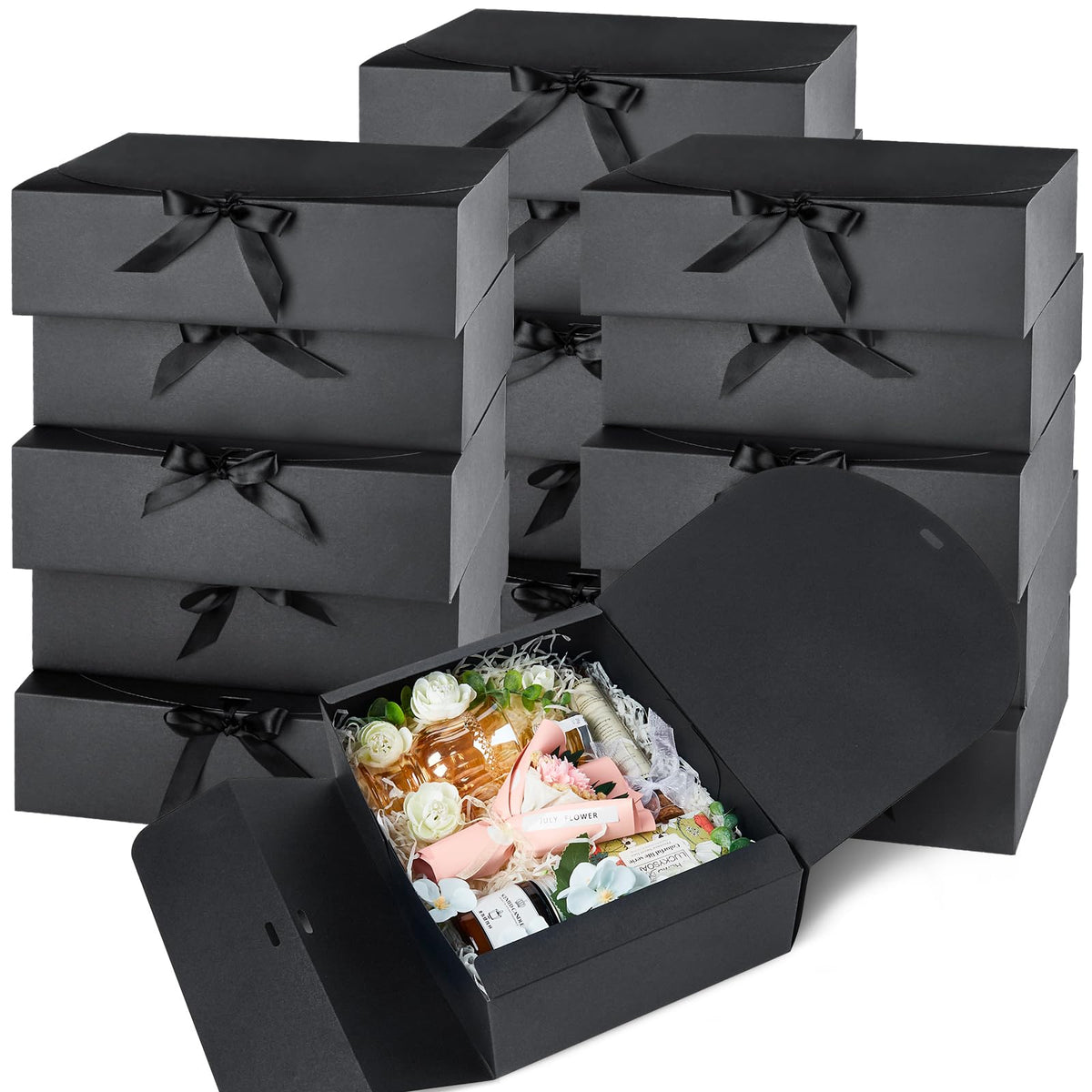 Kucoele 15 PCS Gift Boxes with Lids, 10.6 x 7.8 x 3.1 Inches Bridesmaid Gift Boxes, Black Proposal Boxes with Ribbons for Wedding, Birthday, Graduation Present Packaging